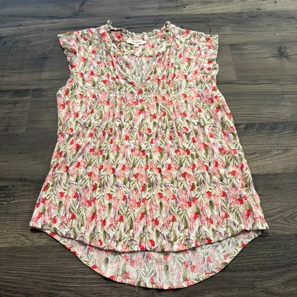 Monday Fun Floral V-Neck Cap Sleeve Rayon Blouse Red Green Large FT63021-3 - Picture 2 of 7